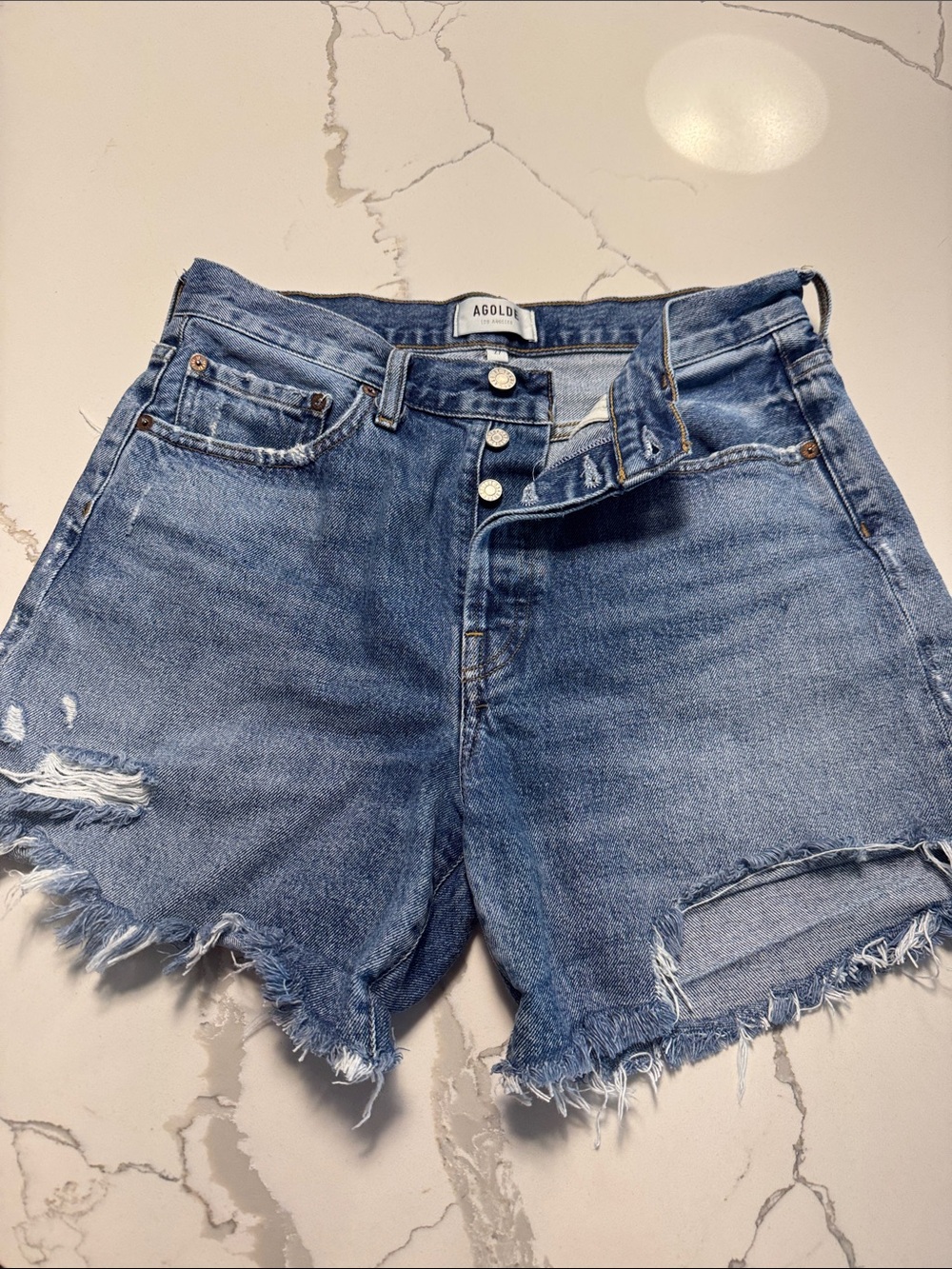 AGOLDE Medium Blue Distressed High-Rise Denim Shorts